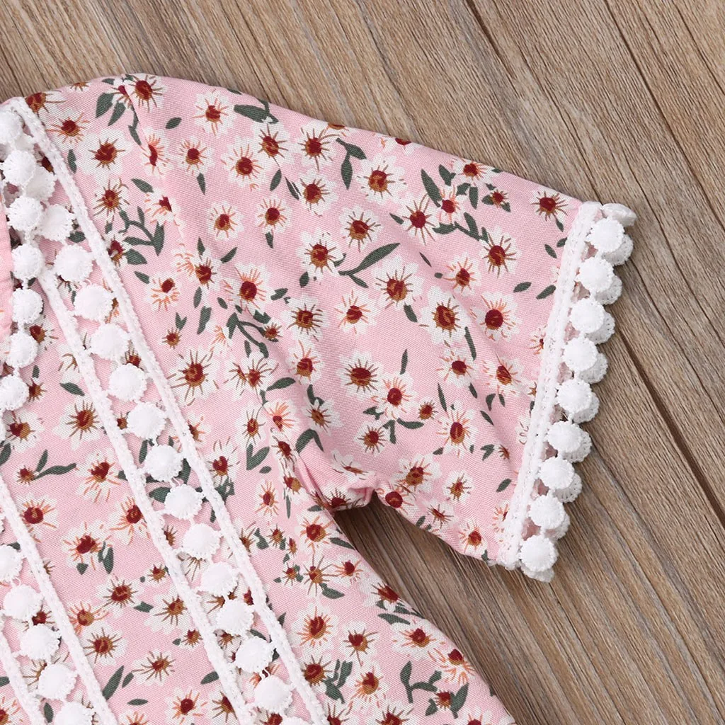 Baby Kids Girls Summer Short Sleeve Floral Printed Tassel Princess Dance Dress
