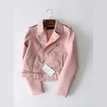 

7 Color Women Short Faux PU Leather Jacket Plus Belt Pink Yellow Slim Lapel Streetwear Long Sleeve Biker Jacket Spring Autumn