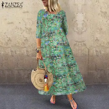 

ZANZEA 2020 Kaftan Printed Maxi Dress Women's Autumn Sundress Casual 3/4 Sleeve Tunic Vestido Female Floral Robe Femme Plus Size