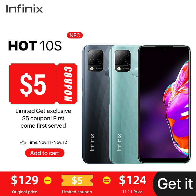 Смартфон Infinix Hot 10S 4/128 ГБ процессор Helio G85 мобильный телефон 5000 мА · ч камера 48 МП 90