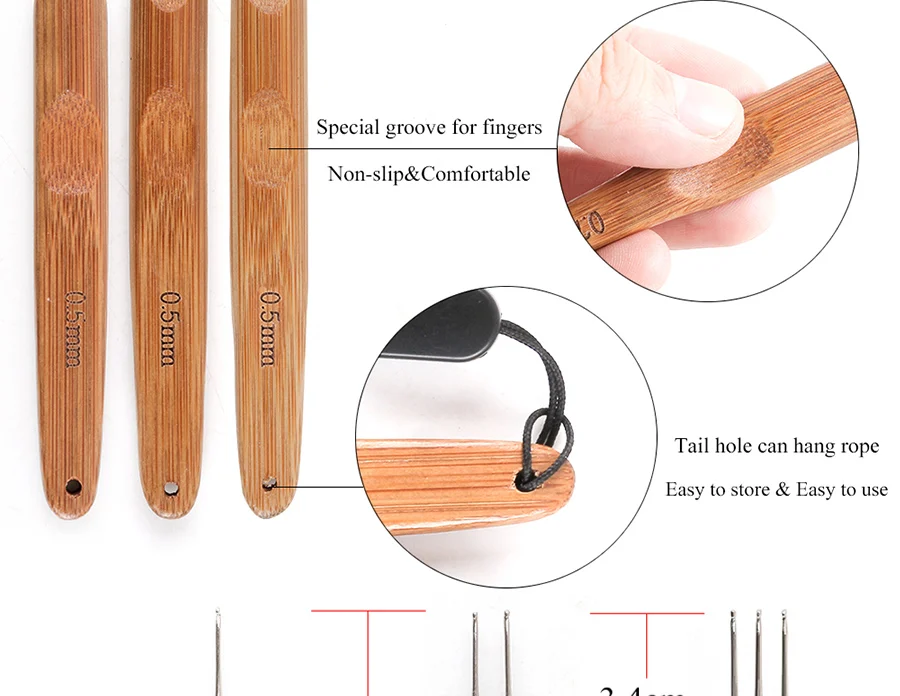 Crochet Hook Set com punho de bambu,