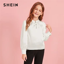 SHEIN/детская белая сатиновая блузка на пуговицах с рукавами-фонариками для девочек; рубашка; топы для детей; коллекция года; Осенние повседневные блузки с длинными рукавами