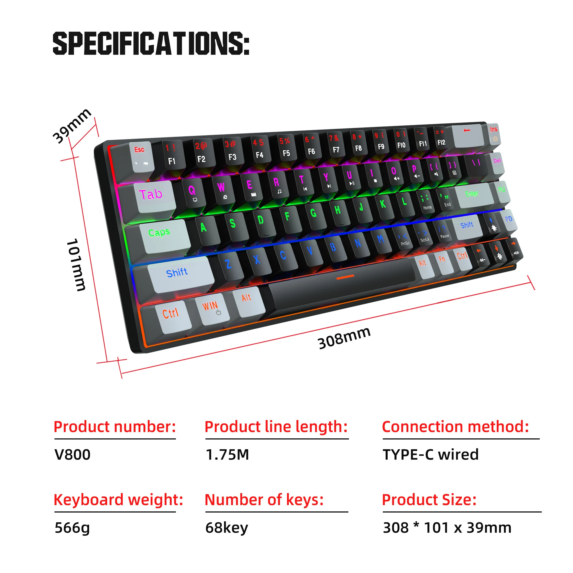 68 Key Mechanical Keyboard Gaming USB Wired LED Backlit Axis Gaming Mechanical Keyboard Optical Switches For Desktop