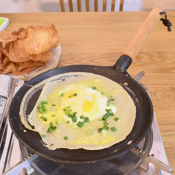 

Household pancake pan frying cast iron uncoated non coating crepe omelet breakfast grill meat steak pot wood handle