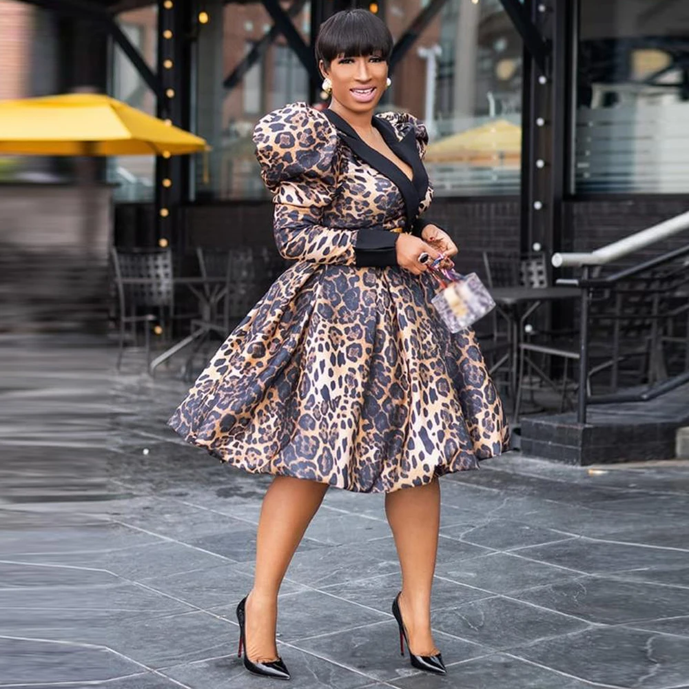 MD 2022 Spring Summer V-neck Sexy Dresses For Women African Dashiki Leopard Print Dress Tutu Long Sleeve Elegant Party Clothing