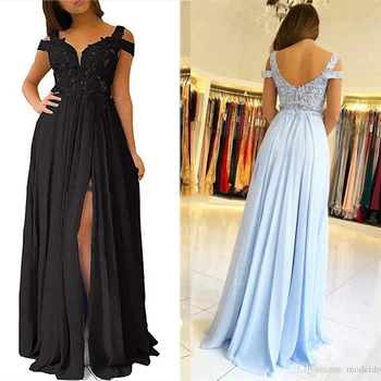 

Modern Lace Prom Dresses Off Shoulder Open Back High Side Split Chiffon Sweep Train Formal Party Evening Gown Elegant Dress E12