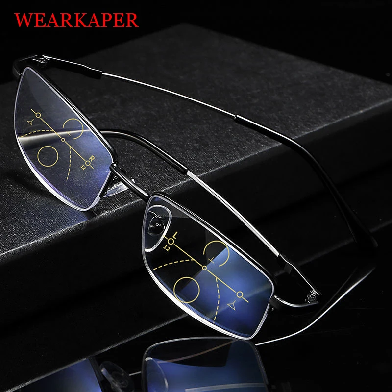 

WEARKAPER Titanium Progressive Multifocal Glasses Men Memory Aolly Blue Light Reading Glasses Half Frame Prescription Eyeglasses