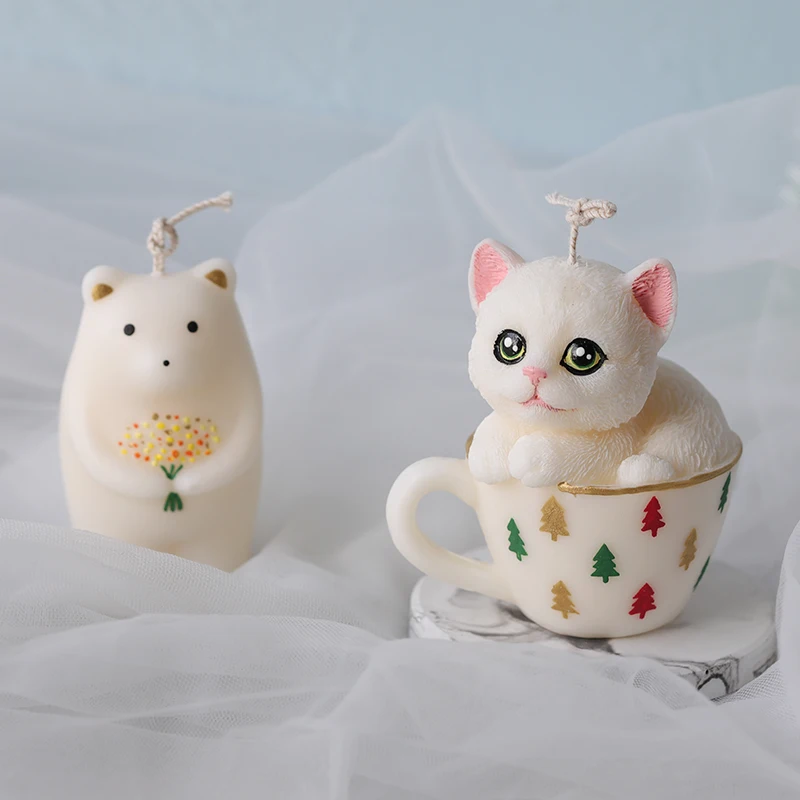 Чашка с кошкой, силиконовая форма для свечей, пасхальное мыло в форме животного, шоколадная глина, художественная форма, формы для украшения торта, инструменты для изготовления свечей