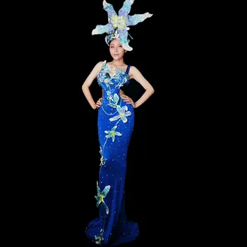 

Super Sparkly Rhinestone Blue Printing One Piece Stretch Sexy Glisten Crystals Costume Evening Celebrate Ds Dj Dress Outfit