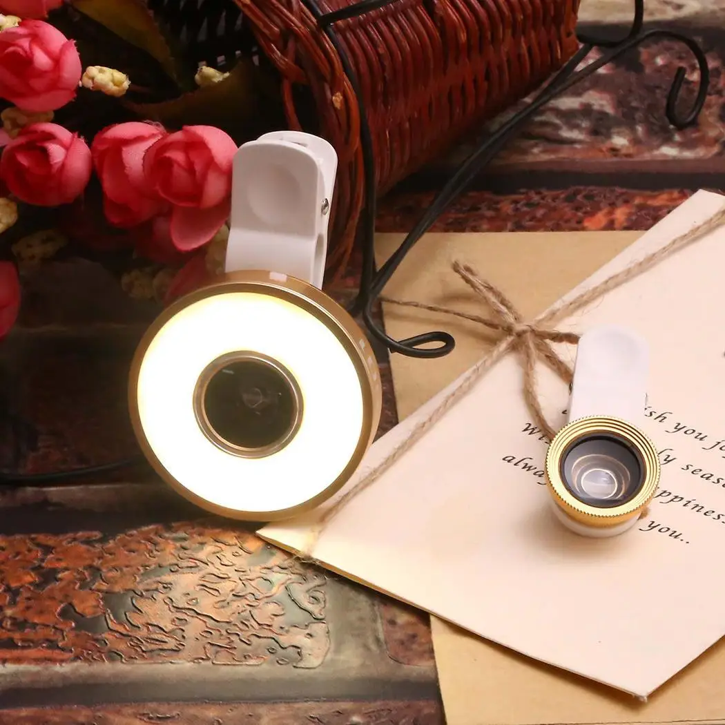 6 In 1 Clip On LED Light Fisheye Smartphones, Tablet PC 300pcs Wide Angle Macro Lens Kit For Smartphones