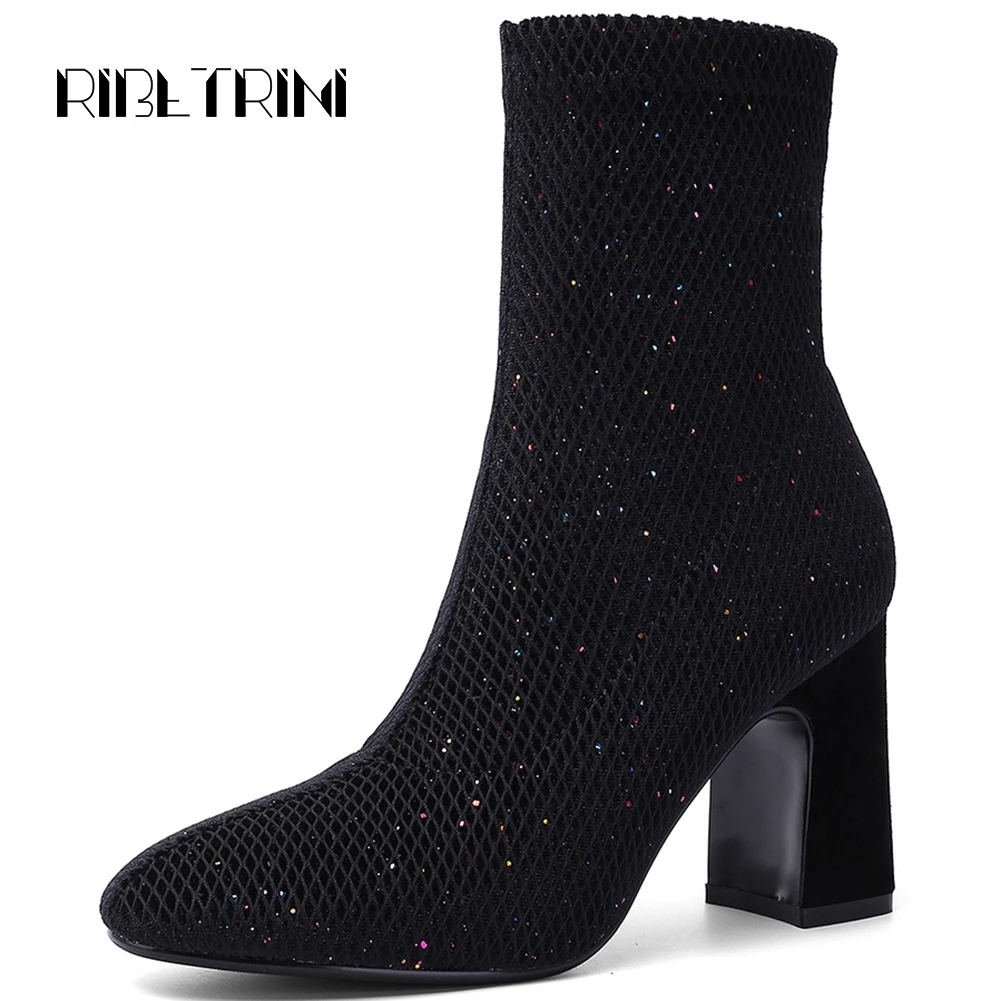 

RIBETRINI Quality Sock Style Square High Heels Pointed Toe Rubber Sole Elastic Upper High Top Ankle Boots Autumn Shoes