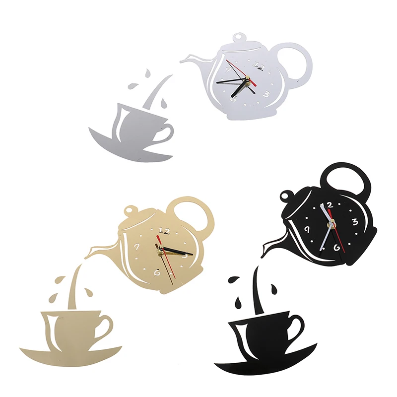 Creative DIY Acrylic Coffee Cup Teapot 3D Wall Clock Decorative Living Room Dining Room Home Decor Clock Kitchen Wall Clocks industrial wall clock