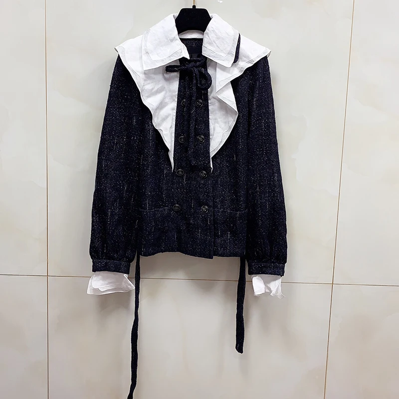 

Women Tweed Jacket Lady Fashion Spring Double Breasted Ruffles Women Coat Elegant