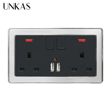 

UNKAS Wall Power Socket Double UK Standard Socket With Neon 2.1A Dual USB Charger Port Stainless Steel Frame Black Outlet