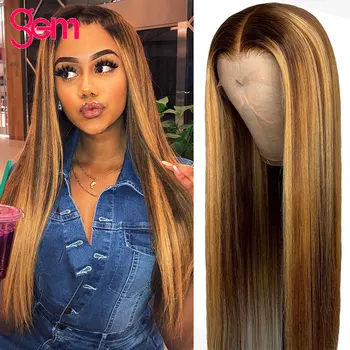 

Straight Ombre Highlight Human Hair Wigs Honey Blonde Lace Front Wig 4 / 27 Wigs Straight 13x6 x1 HD Transparet Lace Frontal Wig