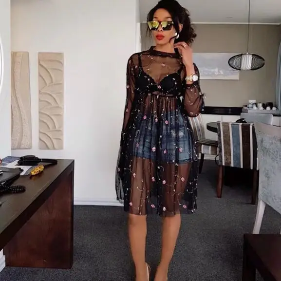 Черный чистый сетчатый Платье женское осеннее 2019 Цветочная вышивка с длинным