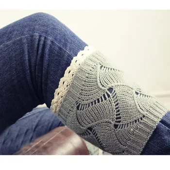

2020 Women Lace Boot Cuffs Warmer Knitting Wool Striped Knee Sleeve Scoks Blend Leg Long Tube Scoks 1 Pair
