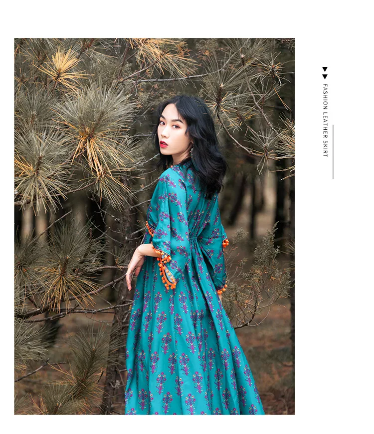 Весеннее богемное пляжное платье с цветочным принтом и v-образным вырезом, свободные женские платья макси из хлопка со средним рукавом, Vestidos Verano