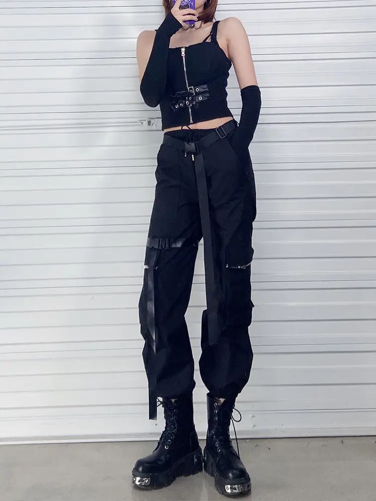 Description Picture 4 of itemQWEEK Techwear Gothic Black Cargo Pants Women Mall Goth Streetwear Joggers Oversized Pockets Loose Trousers For Female Punk Kpop