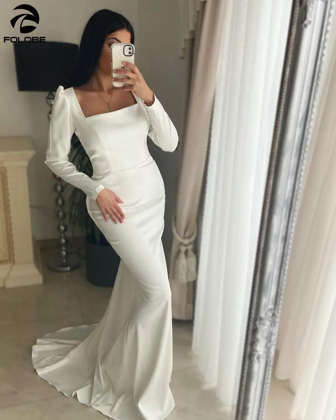 

Шикарная Русалка, свадебное платье из мягкого атласа, с квадратным вырезом, пышными длинными рукавами и пуговицами, со шлейфом, винтажное платье невесты 2021