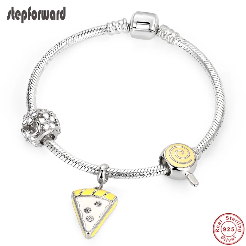 STEP FORWARD 925 Sterling Silver Cheese Charms Fit European Bracelet Pizza Charm Bangles For Women Silver Jewelry