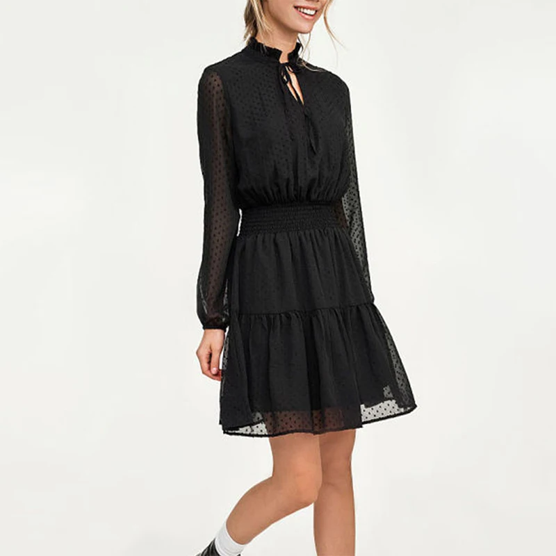 

Elegant Office Dress Lace Up Hollow Out Sexy Robe Femme Elastic Waist Ladies Dresses Long Sleeve Empire Summer Dress 2019