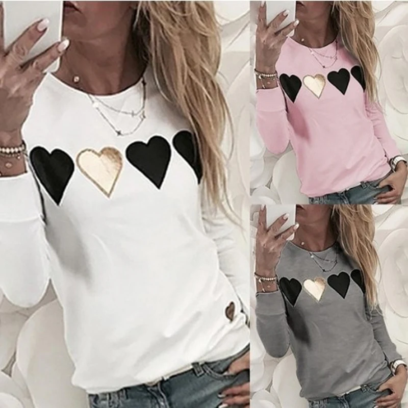 

Women Love Print Casual Blouse Round Neck Long Sleeve Pullover AM1479