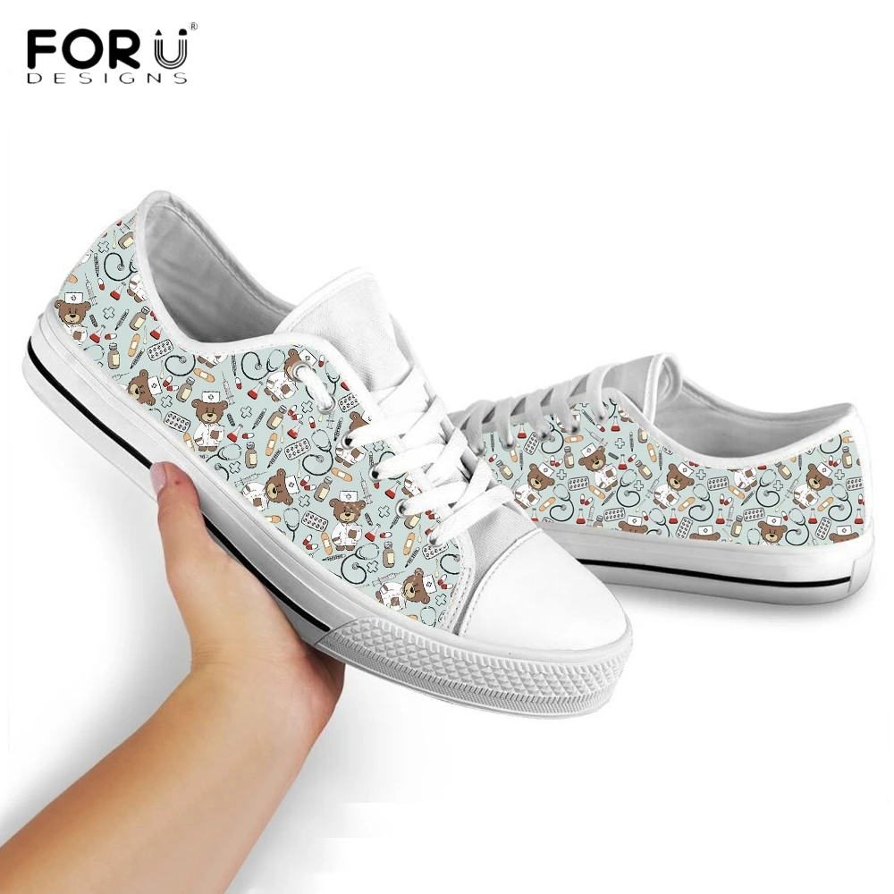 FORUDESIGNS Cute Cartoon Nurse Bear/Pediatrician Doctor Pattern Sneakers Women Shoes White Low Top Canvas Shoes Lace Top Sneaker