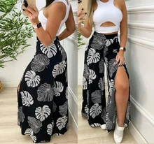 

Tropical Print Split Wide Leg Pants Set Women Summer 2021 new Solid Cut-out Tank Top pants Suit
