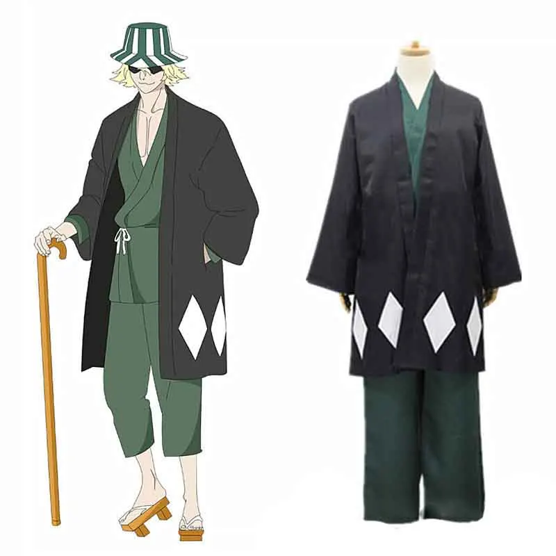 

Anime Bleach Cosplay Urahara Kisuke Gotei 13 Costume Kimono Halloween Costume Full Outfit (Cape&Tops&Pants&Hat&Wig)