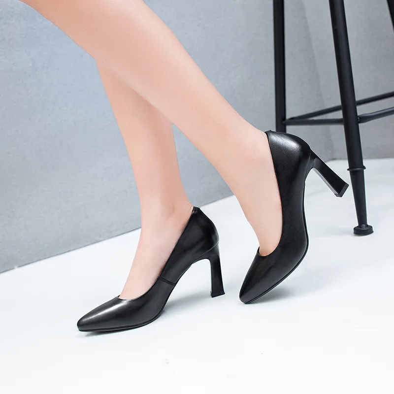

Women Heels Cow Leather Talon Femme Chunky Hoof Heels Women Shoes Shallow Mouth Black Zapatos De Mujer Single ps Women Shoes 6CM