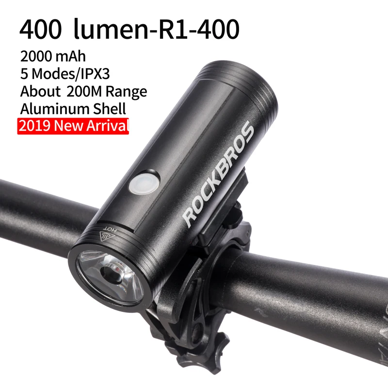 R1-400 ROCKBROS велосипедный светильник, непромокаемый, USB, перезаряжаемый, светодиодный, 2000 мА/ч, MTB, передняя лампа, головной светильник, алюминиевый, ультра-светильник, светильник-вспышка, велосипедный светильник - Цвет: R1-400