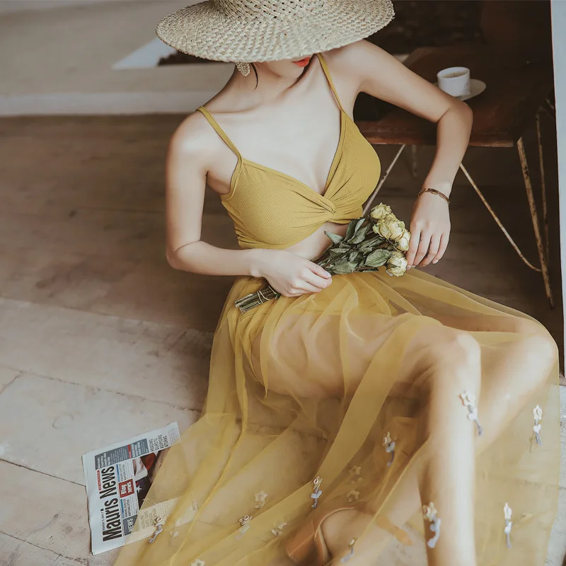 

Holiday Photo Shoot Swimwear Online Celebrity New Style Push up Sexy Mesh Dress Split Type Boxer Bikini Three-piece Set Bathing