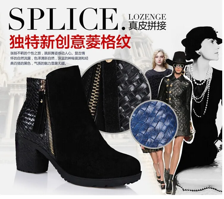 

2016 Autumn Europe And America Martin Short Boots Short Fiber Weaving WOMEN'S High Heels Chunky-Heel Genuine Leather Naked a-Pie