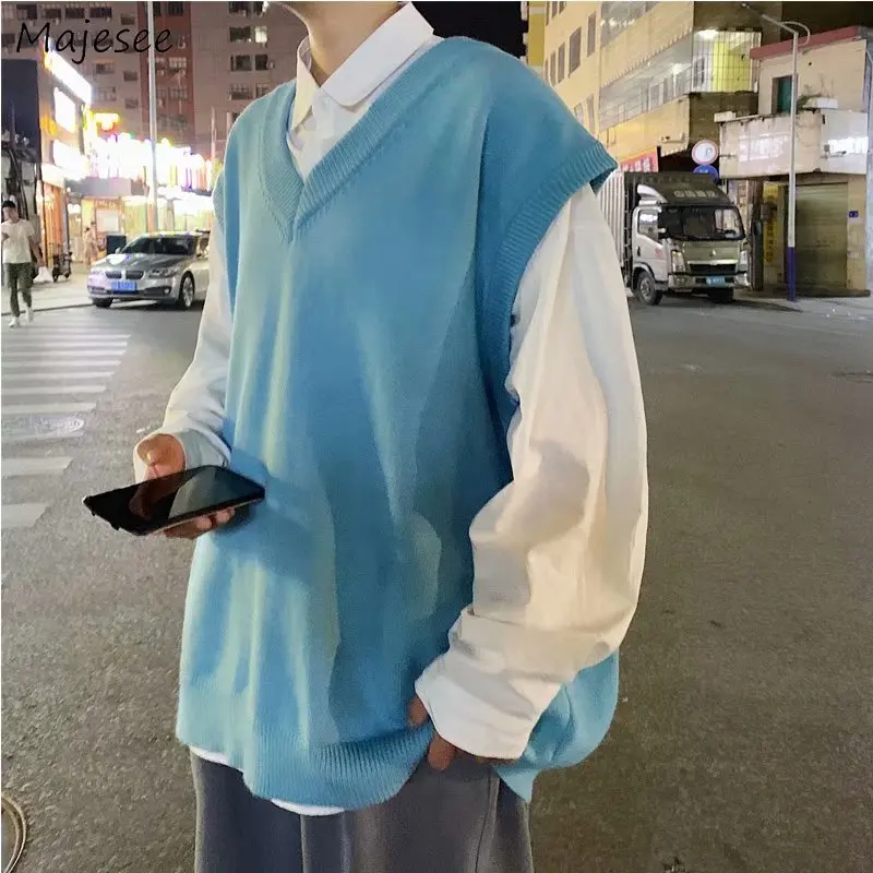 Hombres suéter chaleco liso Simple diseño cuello de pico de punto de los hombres de ocio elegante suelto de la calle prendas de vestir estudiante par Retro Harajuku