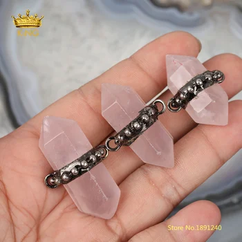 

5pcs Pink Quartz Connector for Jewelry making,Faceted Hexagon Quartz Double Stick Crystal Point Pendant Beading Necklace Bulk