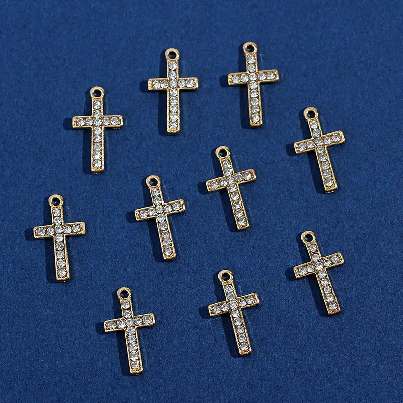 

10Pcs/set Luxury Shiny Gold Color Crosses Rhinestone Charms Accessories DIY Earrings Pendant Necklaces Anklet Jewelry Wholesale