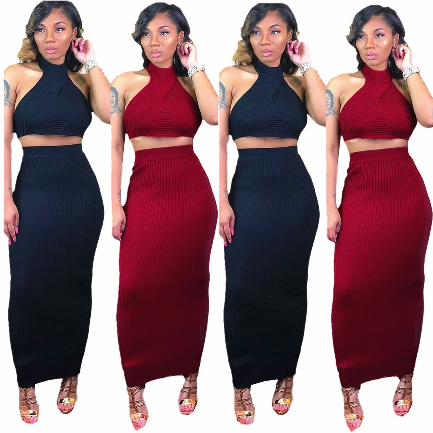 

Spring Summer Women Two Piece Set Top and Pants Plus Size Outfits Tracksuit Sweatsuit Halter Short Tops Maxi Long Skirts Sets
