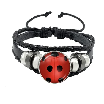

2020 Ladybug Insect Black Button Leather Bracelet Cute Ladybug Glass Cabochon Bangle Hand Craft Jewelry For Women Men Kids Gift