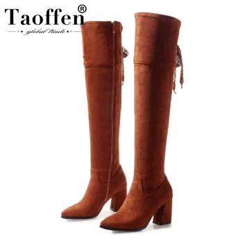

Taoffen Plus Size 32-47 Black Brown Winter Long Boots Lace Up Over The Knee Boots Chunky Heels Party Office Shoes Woman