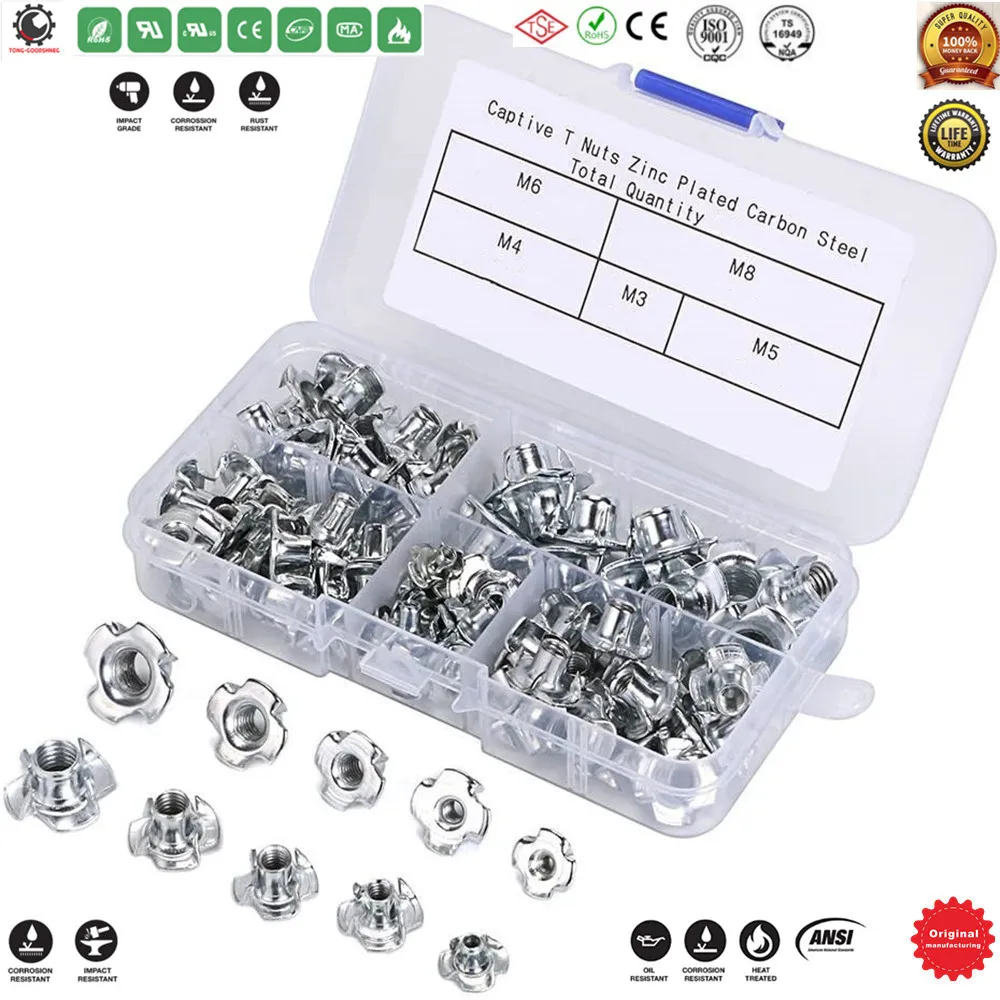 Details about   Zinc Plated Steel T-Nut 4 Pronged Tee Blind Nuts Assortment 110 pcs Kit for Wood 
