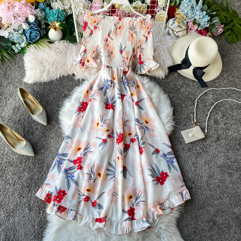 Boho 2021 сексуальный цветочный принт с открытыми плечами Макси длинное платье со