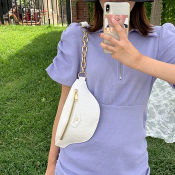 

Women Waist Bag PU Leather Belt Bag Metal Chain Band Fashion Shoulder Crossbody Bags Korean Style Solid Color Wild Chest Pack