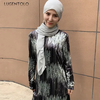

Lugentolo Women Dress Autumn Winter Parint Loose Lady Muslim Arab Loose Big Swing Splice O-neck Long Sleeve Vintage Maxi Dresses