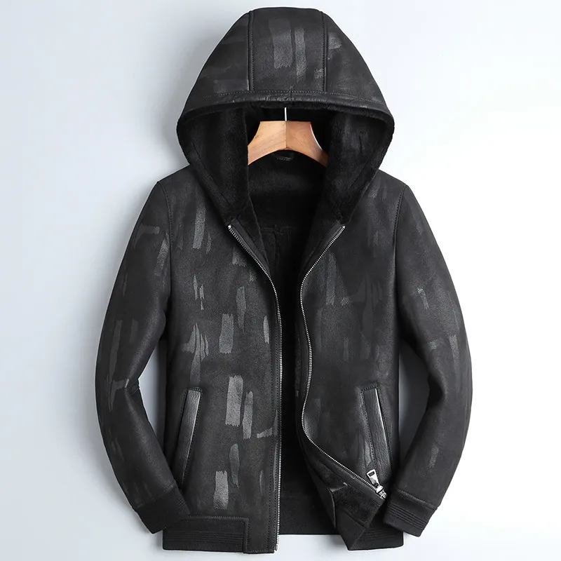

Real Genuine Leather Jacket Men Hooded Winter Sheepskin Coat Short Wool Lining Men's Leather Jackets Blouson Cuir Homme 4714