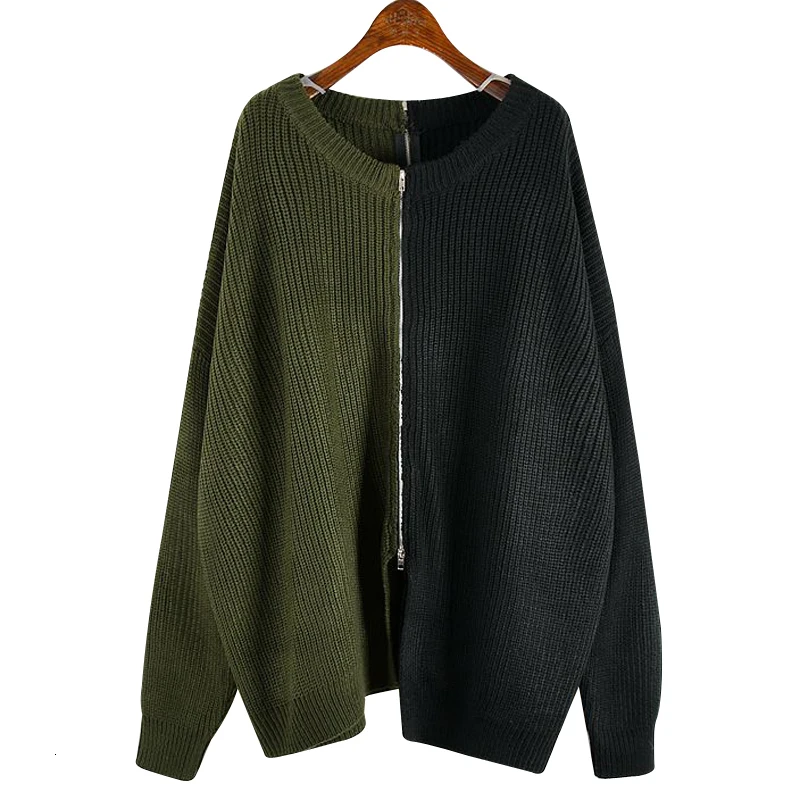 Autumn Winter New Round Collar Long Sleeve Hit Colors Knitting Patchwork Zipper Vintage Sweater Women D999 - Цвет: Armygreencompetition