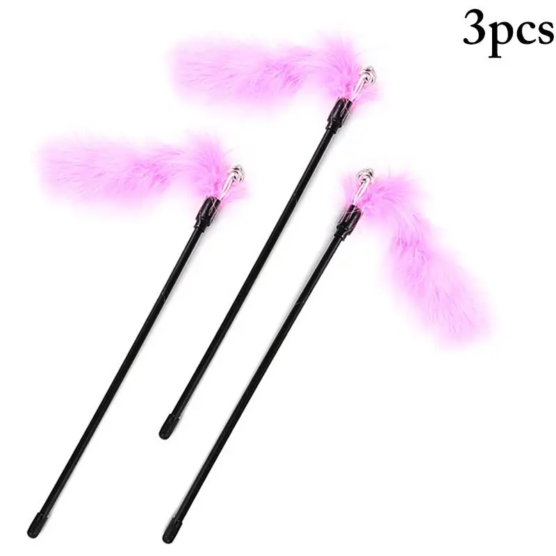 3pcs Pet Cat Teaser Toys Feather Wand Cat Catcher Teaser Stick Cat Interactive Toys Wood Rod Toy with Mini Bell for Cats Kitten 