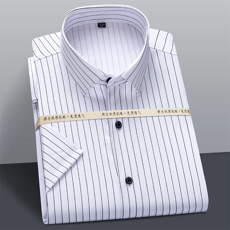 Men Summer Short Sleeve Shirt Stretch Striped Dress Shirts Slim Fit Formal Business Wrinkle Resistant Thin Cool Casual Shirts 6