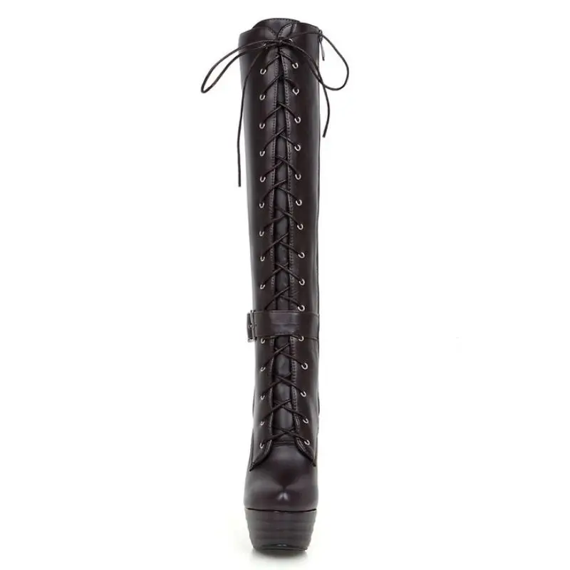 Haoshen&Girl PU Leather Shoes Women Knee High Lace up Boots 13cm High Heels Platform Stiletto Heel Sexy Booties Plus Size 3-11.5