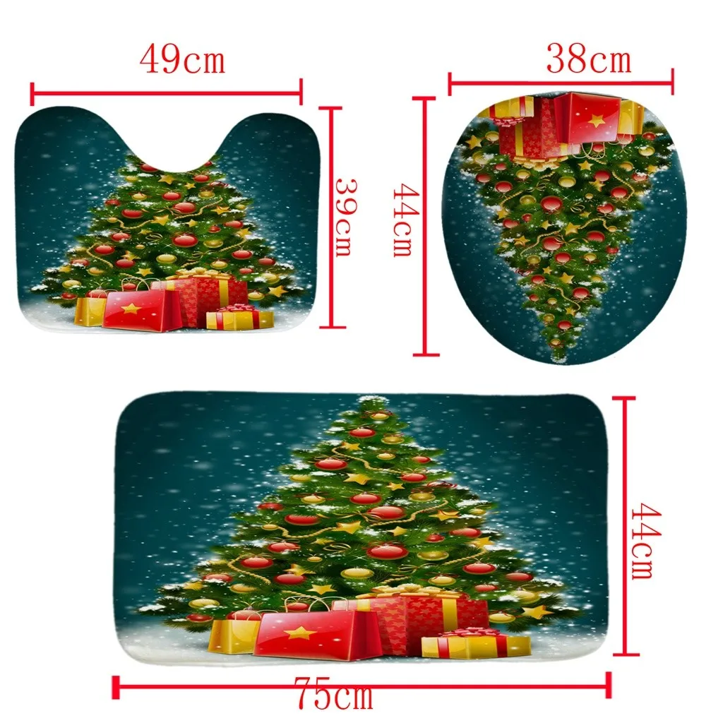 4Pcs Christmas shower Curtain Bathroom Anti-slip Carpet Rug Toilet Cover Mat Set Mat in Door mat Christmas Santa Claus Mat